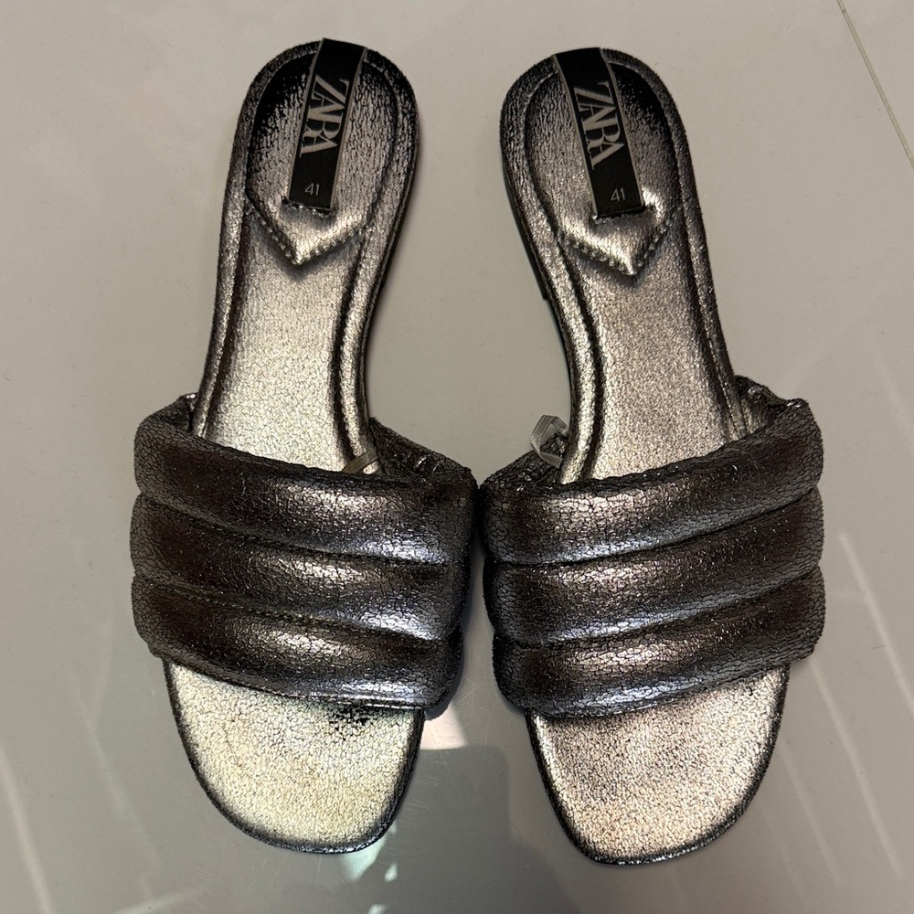Zara Metallic Silver Slide Sandals